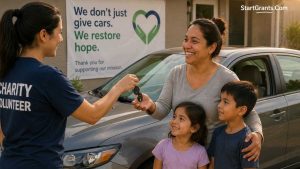 A charity volunteer handing car keys to a low-income mother.