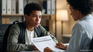 A caseworker helping a transition-aged youth apply for a HUD FYI housing voucher.