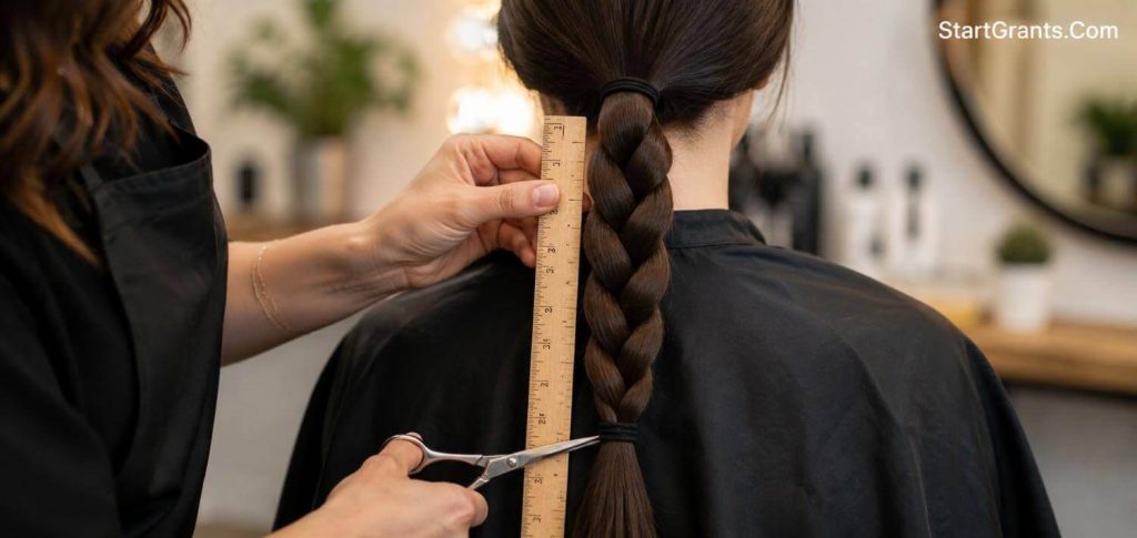 Measuring a healthy ponytail with a ruler before cutting it for a cancer wig donation.