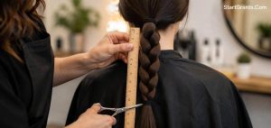Measuring a healthy ponytail with a ruler before cutting it for a cancer wig donation.