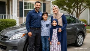 A Muslim family standing proudly next to their reliable vehicle.