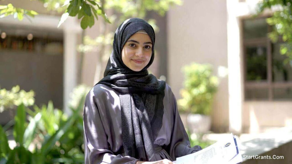 A focused Muslim college student wearing a hijab reviewing her financial aid award letter and federal grant documents on campus.