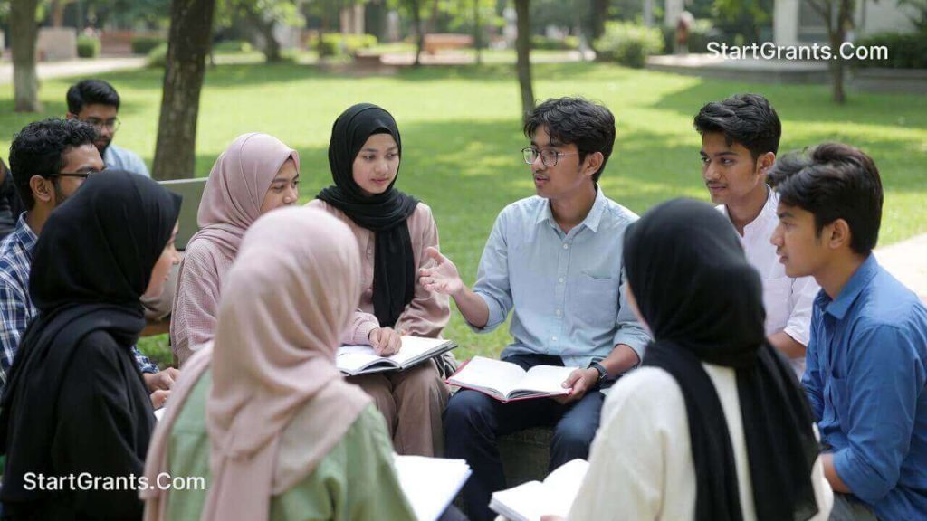 A diverse group of Muslim college students networking and discussing financial aid strategies at a campus Muslim Students Association (MSA) meeting.