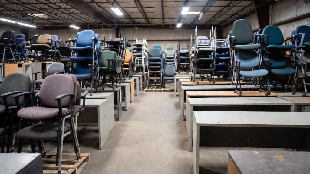 High quality used office chairs and desks in a surplus warehouse ready for donation.