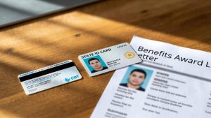 Gathering SNAP EBT cards and Medicaid letters as proof of eligibility for a free government laptop.