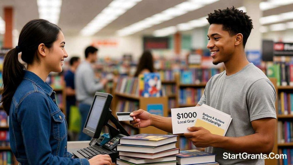 College student purchasing expensive textbooks using stacked micro-scholarships and local grants.