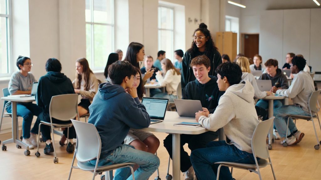 High school students collaborating at mobile tables in a Steelcase Active Learning Center.