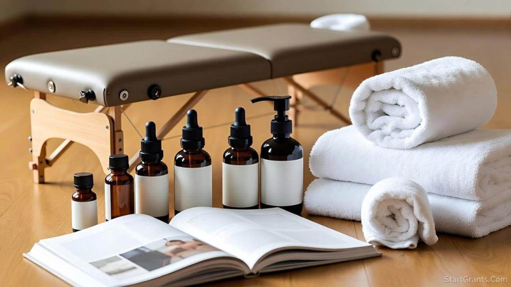 A folded high-end massage table, essential oils, and towels for a massage student