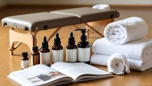 A folded high-end massage table, essential oils, and towels for a massage student