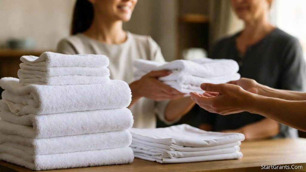 Stacks of new towels and bedding being donated to a domestic violence shelter to replace Bed Bath and Beyond grants