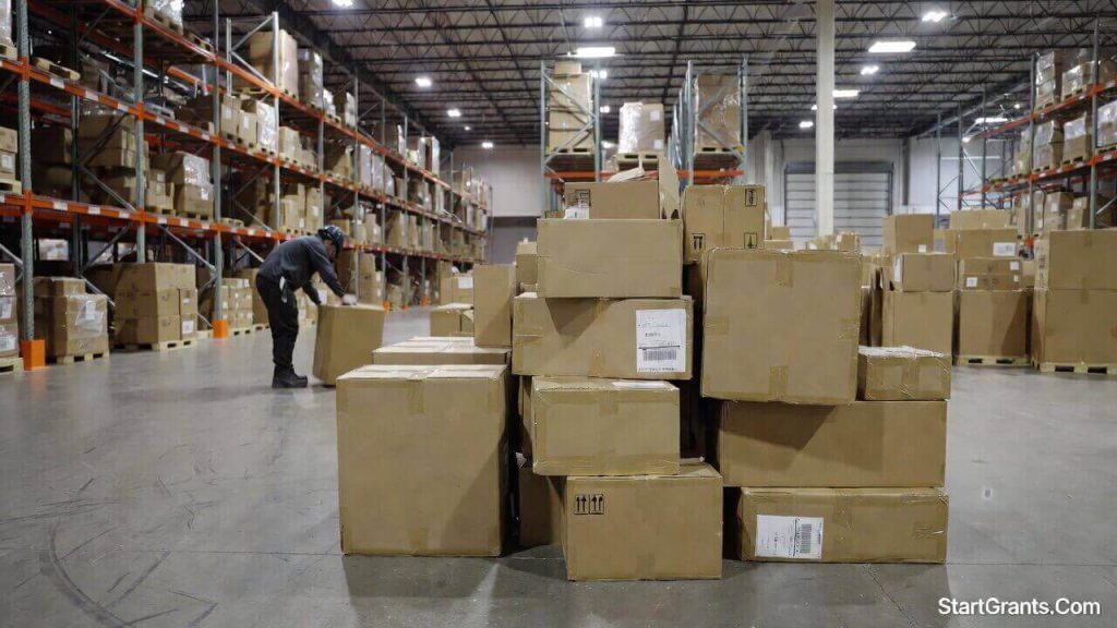 A warehouse worker organizing boxes of overstock home goods for corporate charity donation