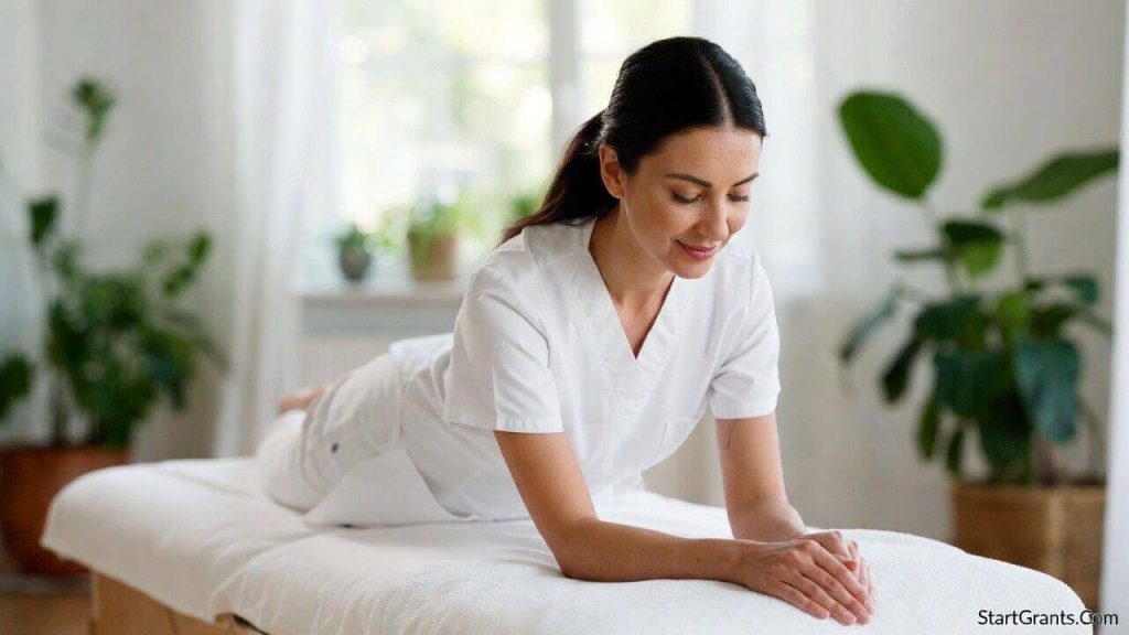 A professional massage therapy student practicing in a serene, bright training room