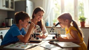 A mother and her two children sitting at the kitchen table working on a grant-funded science curriculum during a homeschool lesson.