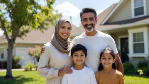 A happy Muslim American family standing in front of their new home purchased with riba-free financing.