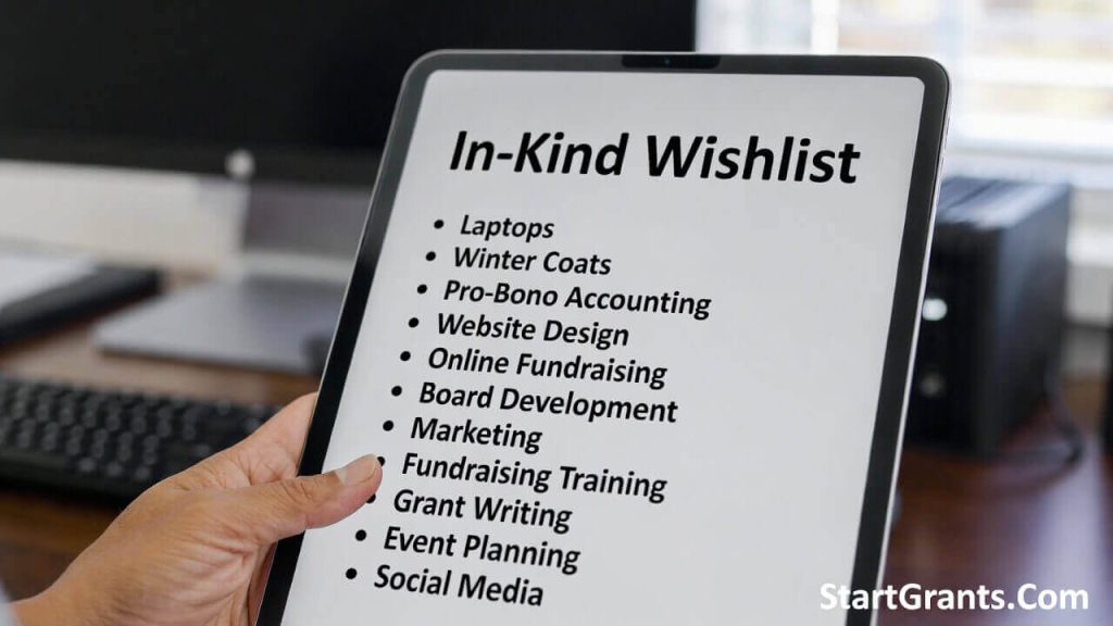 A nonprofit director reviewing an in-kind donation wishlist for corporate sponsors