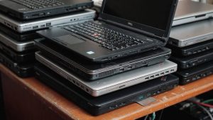 A stack of functional recycled laptops saved from e-waste landfills.