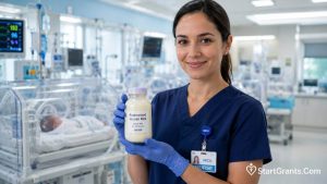 A nurse holding a sealed bottle of donor breast milk in a hospital NICU.