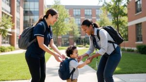 A college student mother dropping her child off at a cheerful on-campus university daycare center