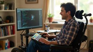 Person with mobility impairment using a computer with specialized adaptive hardware.
