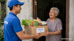 A volunteer delivering a box of groceries and meals to an elderly woman at her home.