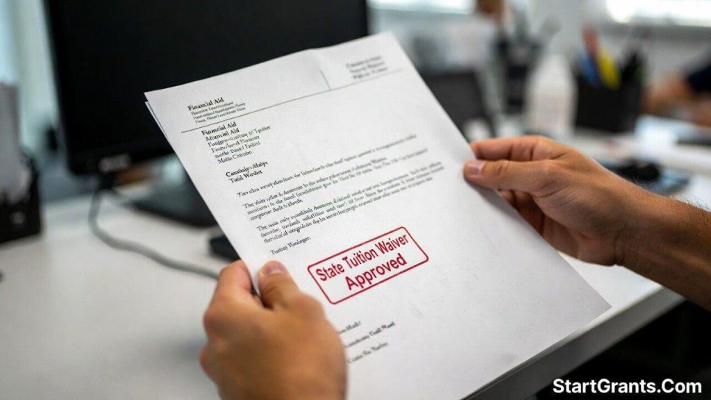 A student holding an approved state tuition waiver document in a financial aid office