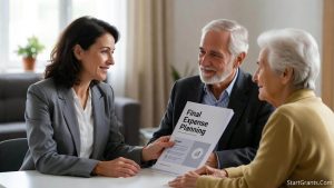A compassionate female insurance agent discussing a Final Expense Planning pamphlet with a relieved elderly couple in their living room.