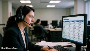 A professional family support advocate wearing a headset, assisting a grieving family over the phone with funeral price negotiation.