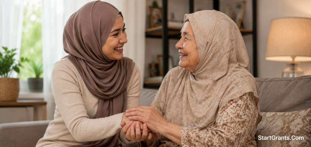 A younger Muslim woman respectfully holding the hands of an elderly woman.