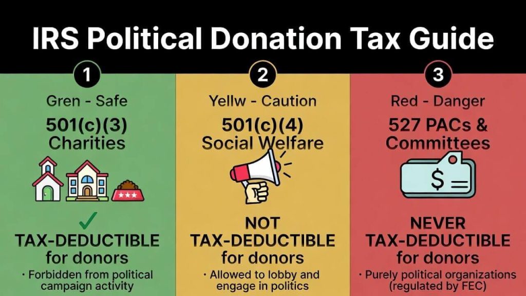 An infographic comparing the IRS tax deductibility rules for donors to 501c3 charities, 501c4 advocacy groups, and 527 PACs.
