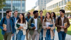 A diverse group of happy college students walking across a sunny university campus