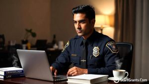 An active-duty police officer in partial uniform studying college textbooks and reviewing financial aid documents on a laptop.