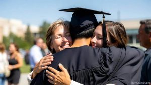 A proud college graduate hugging their adoptive parents on a sunny university campus