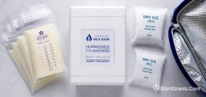 Sterile breast milk storage bags and a shipping cooler for milk donation.