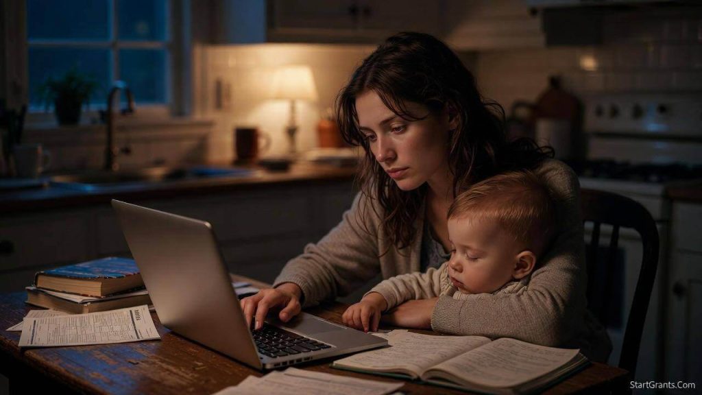 A dedicated mother studying at a kitchen table late at night while her child sleeps