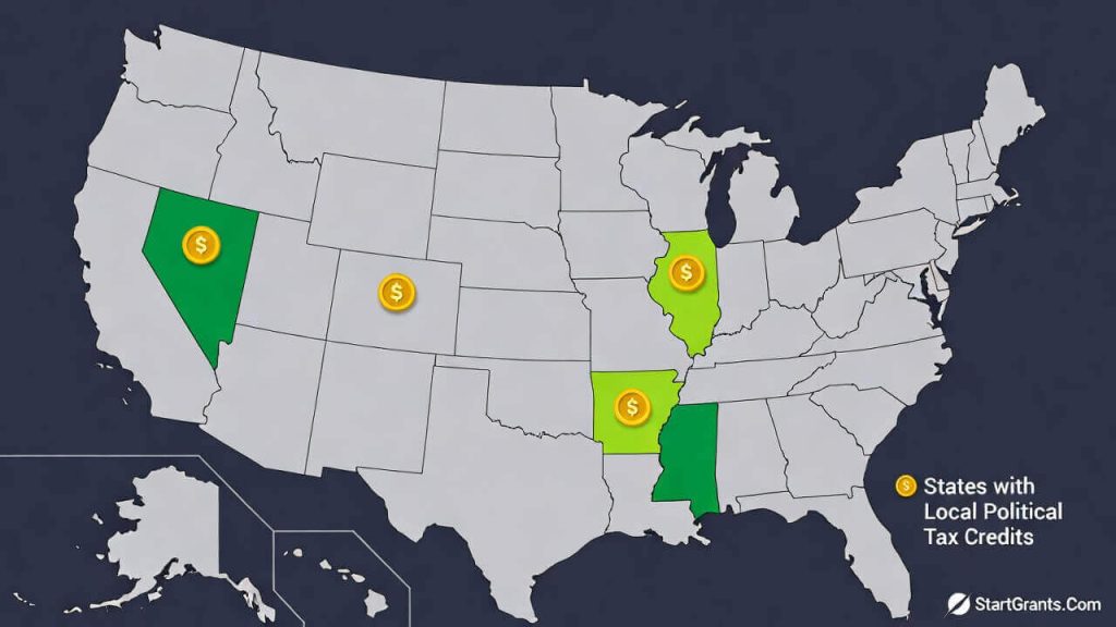 A map of the United States highlighting Oregon, Ohio, and Arkansas as states offering local income tax credits for political contributions.