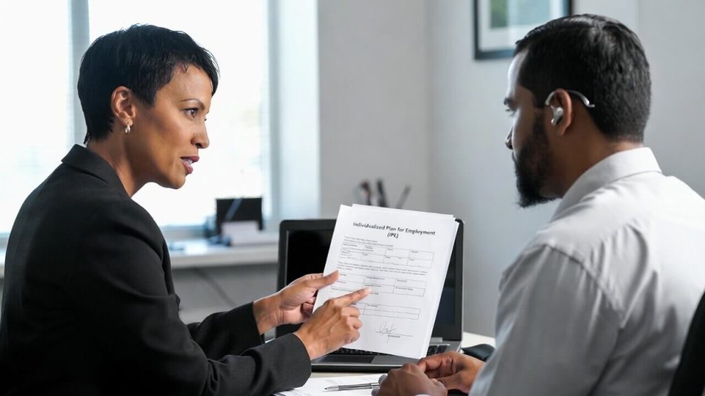 Client meeting with a Vocational Rehabilitation counselor to discuss employment goals.