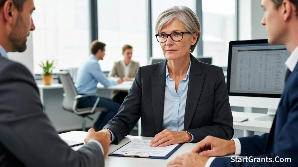 A mature woman discussing employer tuition assistance with an HR manager in a corporate office