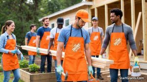 Volunteers working on a community project funded by a Home Depot donation request.