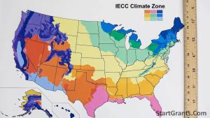 The IECC climate zone map showing the required R-Value thickness for attic insulation to qualify for federal tax credits.