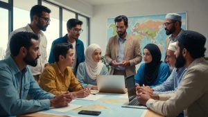 Diverse Latino Muslim entrepreneurs collaborating on a business project bridging cultures