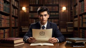 A college student of Polish descent reviewing a scholarship award letter from a cultural heritage foundation in a historic library setting.