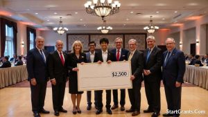 A Polish-American college student receiving a local heritage scholarship check from community leaders at a cultural banquet.