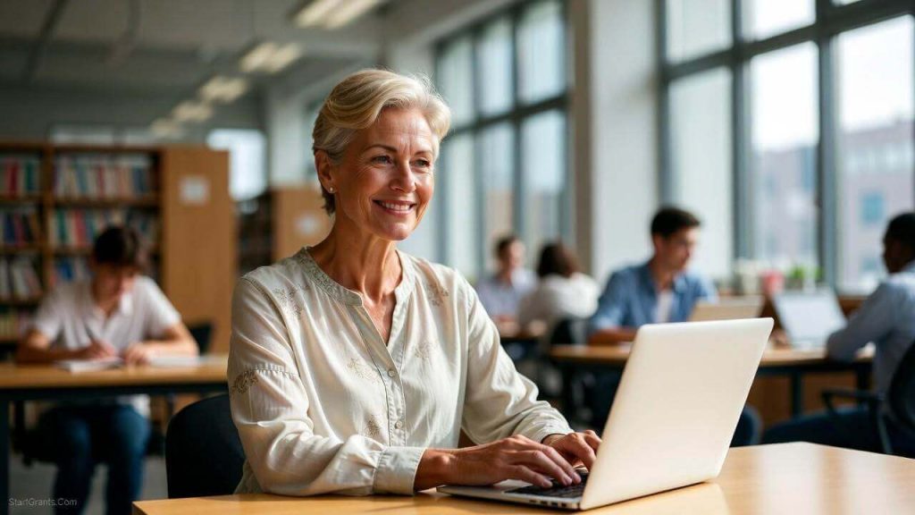 A confident woman over 50 smiling while studying on a laptop in a university library