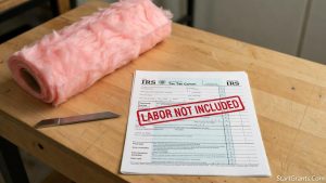 IRS tax forms and fiberglass rolls illustrating the Section 25C tax credit limits for DIY insulation projects.
