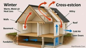 A building science diagram explaining the Stack Effect, where hot air escapes the attic and cold air enters the basement.