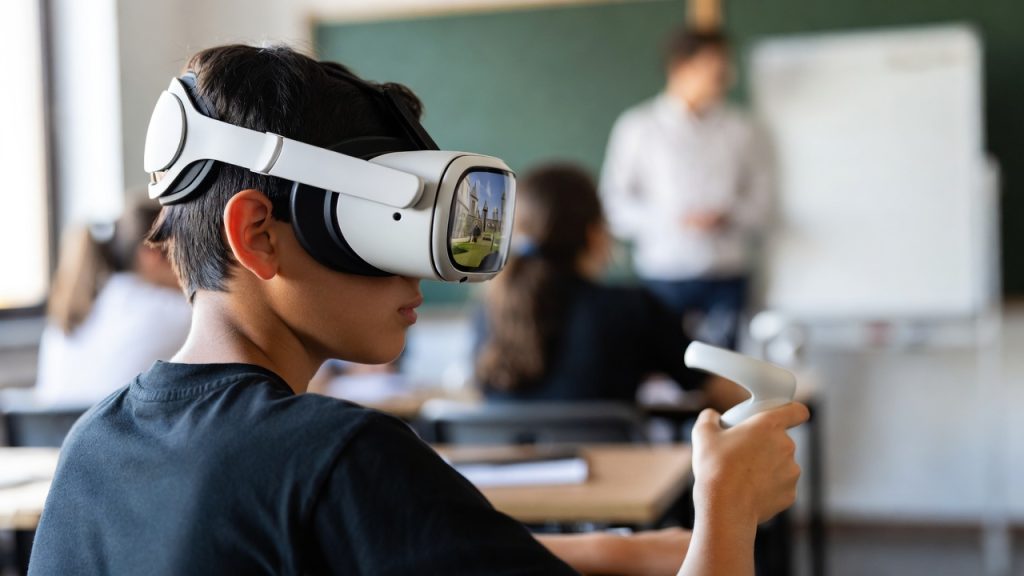 Student wearing a VR headset for an immersive history lesson