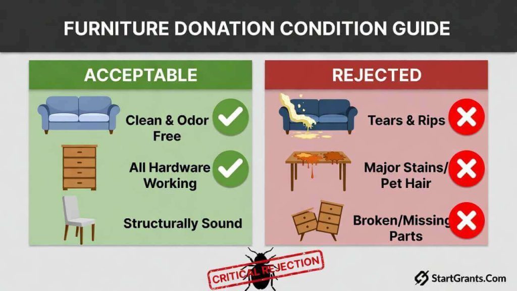An infographic guide comparing acceptable gently used furniture for donation versus rejected furniture with stains, tears, or structural damage.