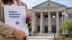 A citizen holding a federal assistance folder and car keys in front of a government building.