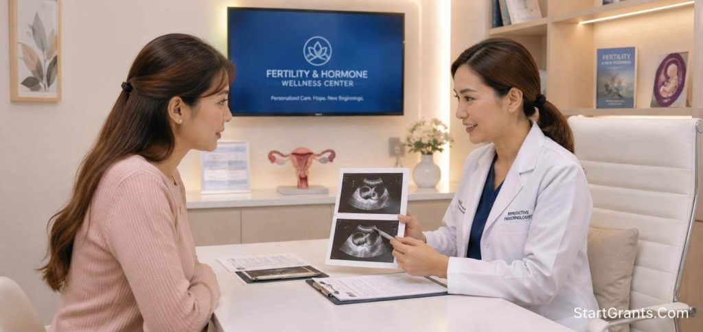 A young woman consulting with a doctor at a fertility clinic about egg donation.