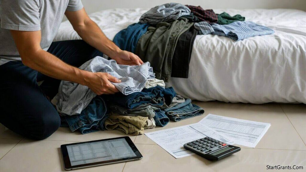 A person calculating the fair market value of clothing donations for an IRS tax deduction.